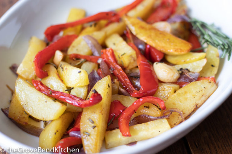 Roasted Potatoes with Red Bell Peppers, Onions, and Rosemary The