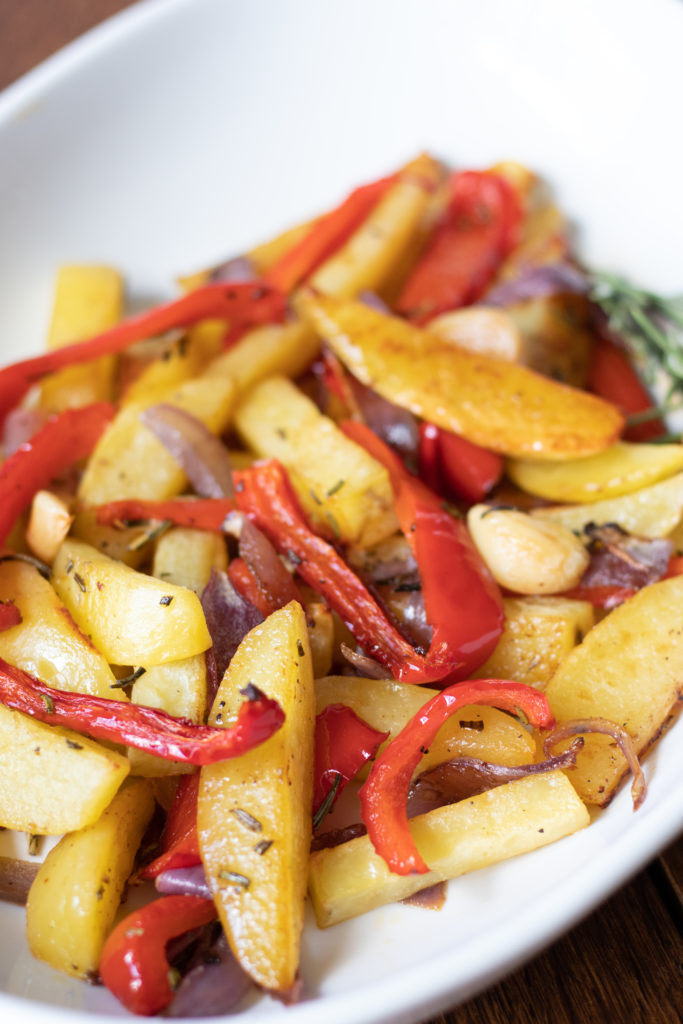 Roasted Potatoes with Red Bell Peppers, Onions, and Rosemary | The